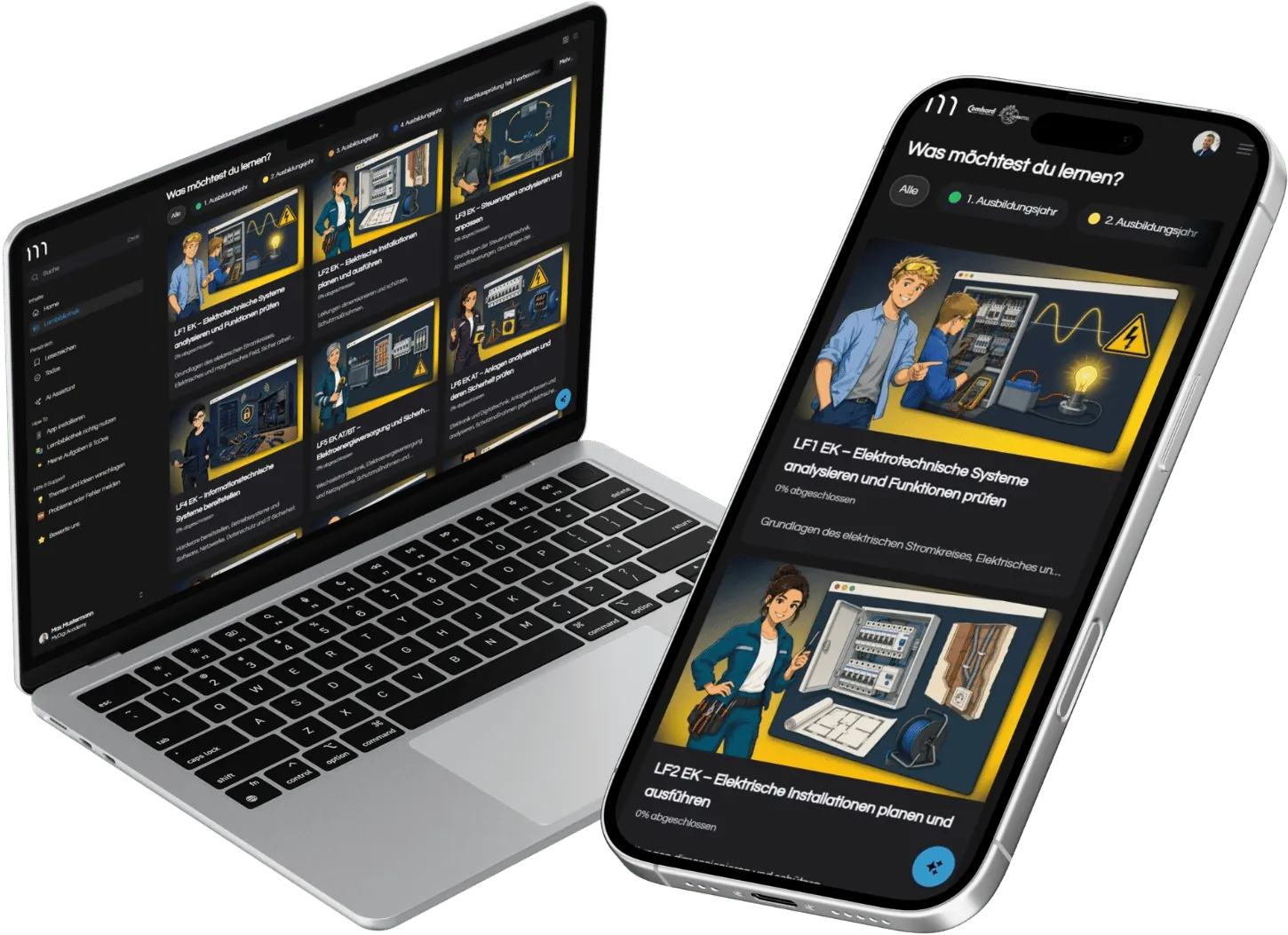 Lernplattform MyDigiAcademy auf Laptop und Smartphone mit Lernfeldern und Prüfungssimulationen