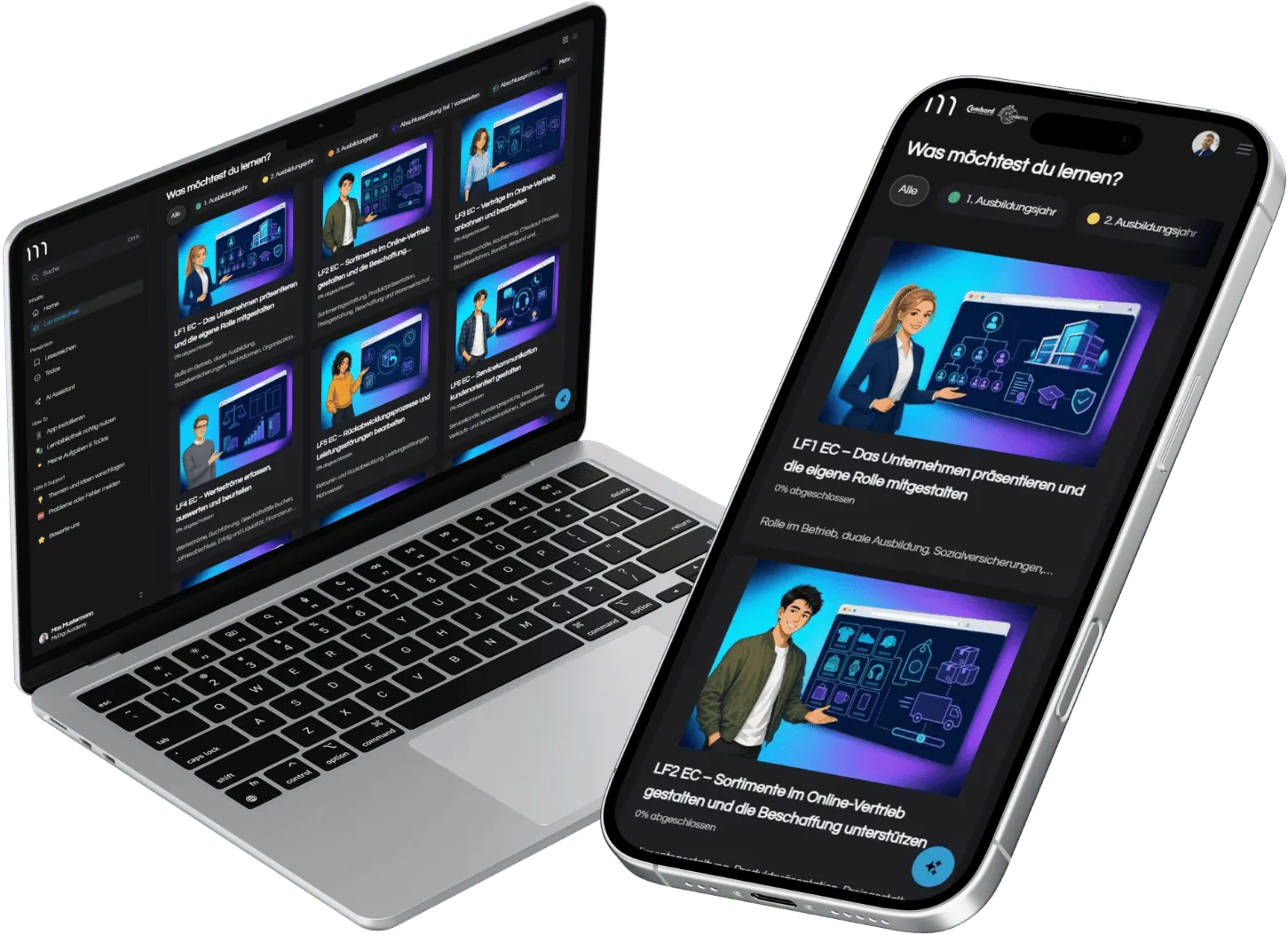 Lernplattform MyDigiAcademy für Kaufleute für E-Commerce auf Laptop und Smartphone: Lernbibliothek mit Lernfeldern und Prüfungssimulationen