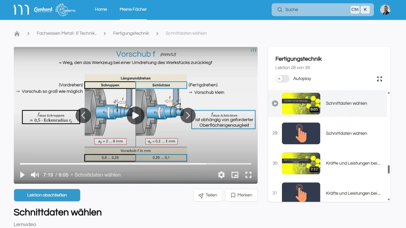 Lernplattform-Screenshot mit Lernvideo zu Vorschub f (Fertigungstechnik), technische Grafiken von Werkstücken, Navigationsele