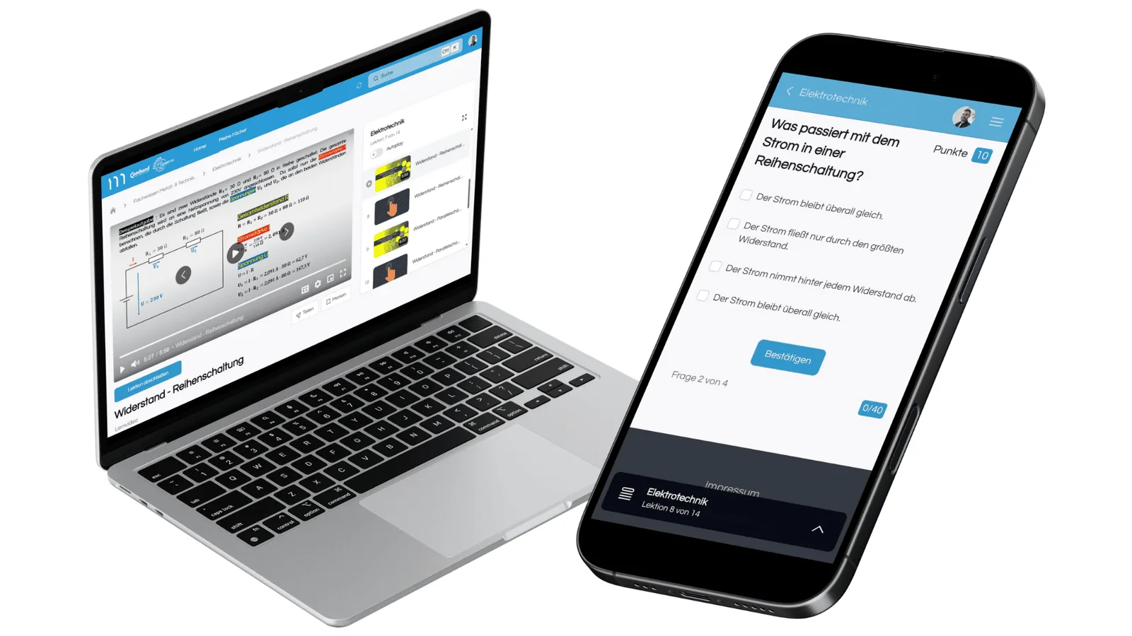 Laptop und Smartphone nebeneinander, zeigen Lernplattform mit Lernvideo und Quiz zum Thema Widerstand Reihenschaltung, respon