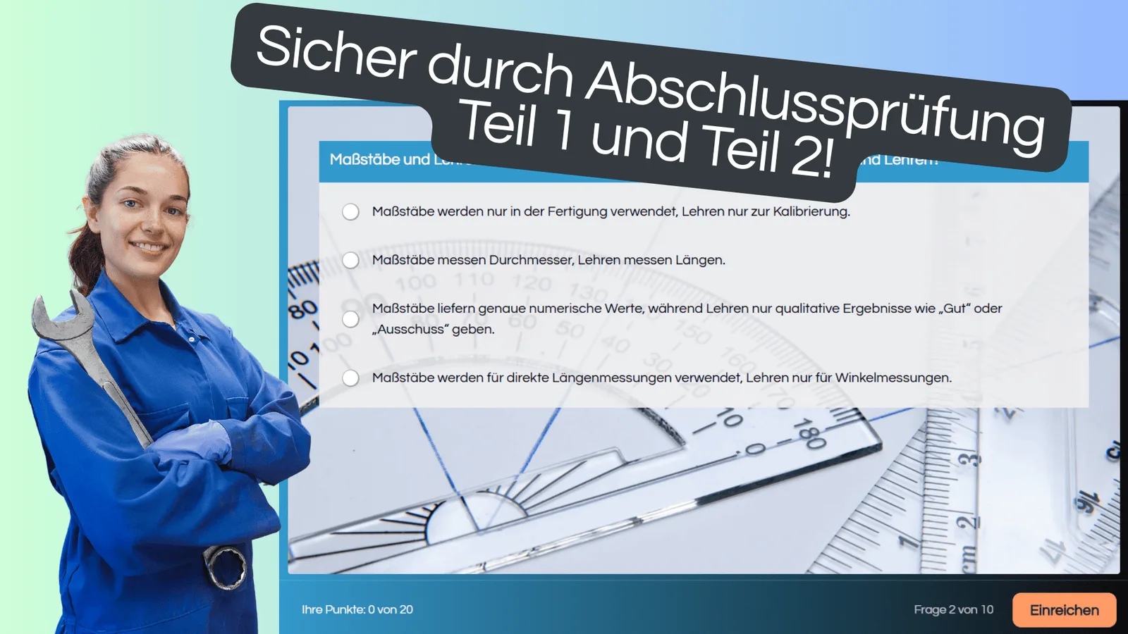 Quiz-Frage zu Messstäben und Lehren mit Multiple-Choice-Antworten, weibliche Fachkraft in blauer Arbeitskleidung mit Schraube