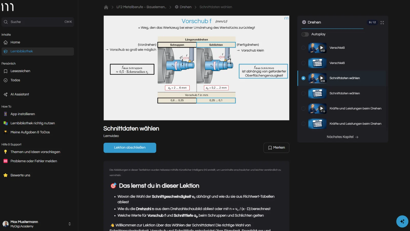 MyDigiAcademy – Lernapp zur IHK-Prüfung von Florian Honold 7 Desktop-Screenshot mit Lernvideo, Erklärgrafik zu Vorschub beim Drehen und Lektion-Zusammenfassung