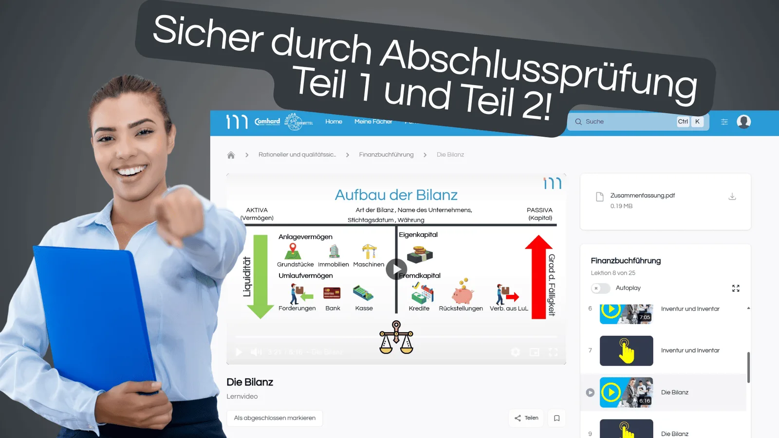 Mockup der Industriekaufleute IHK-Prüfungsvorbereitung auf MyDigiAcademy mit Lernvideos und Lektionsübersicht