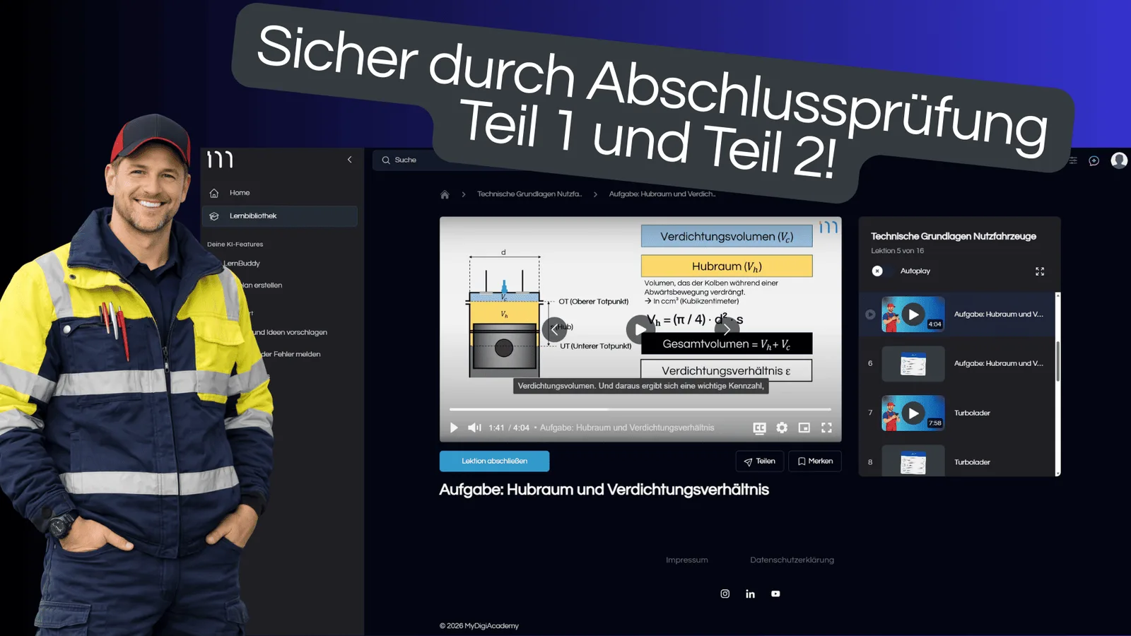 Berufskraftfahrer in Warnweste mit MyDigiAcademy Lernapp-Interface zeigt Prüfungsvorbereitung Teil 1 und 2