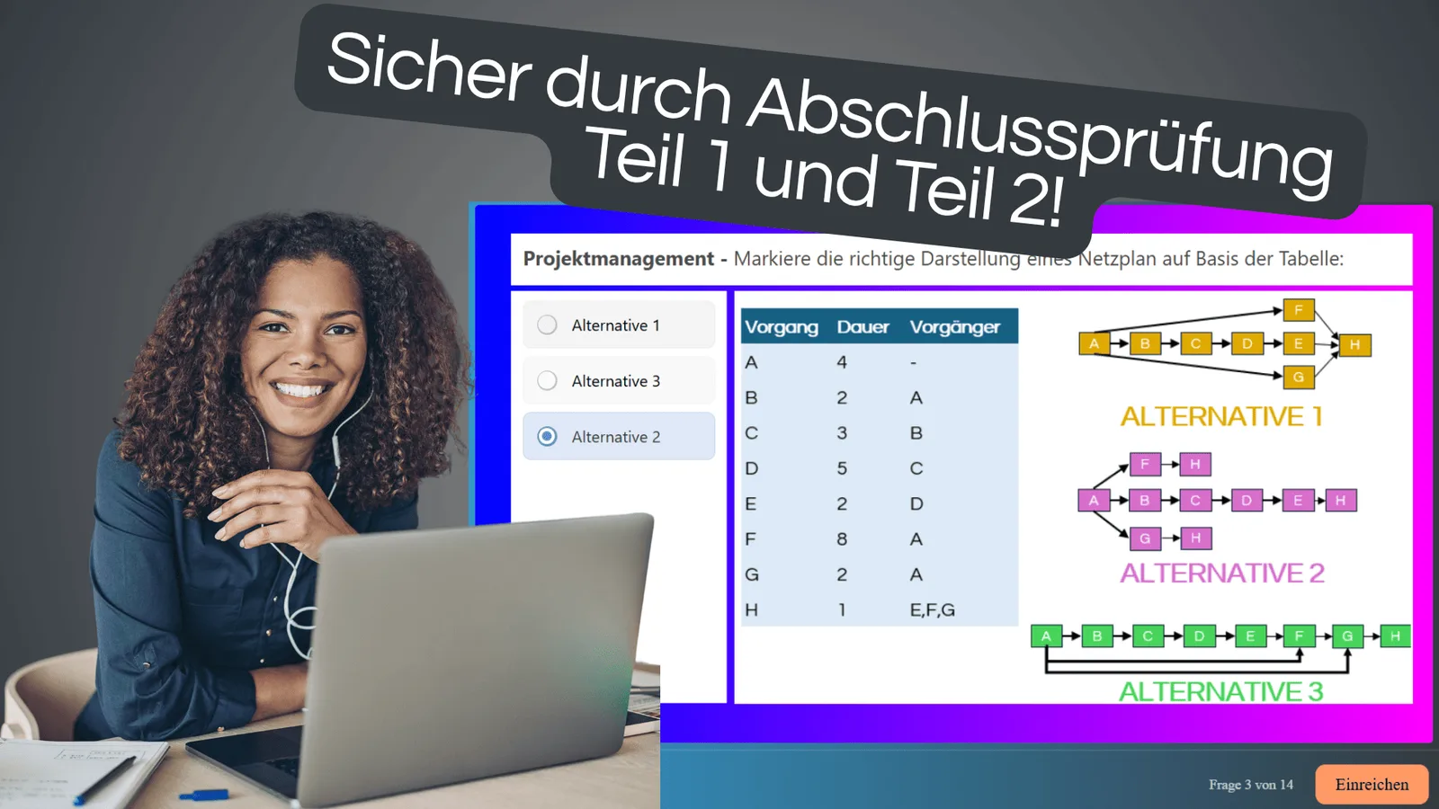 Frau mit Laptop und Kopfhörern lächelt vor Projektmanagement-Aufgabe mit Netzplan-Alternativen