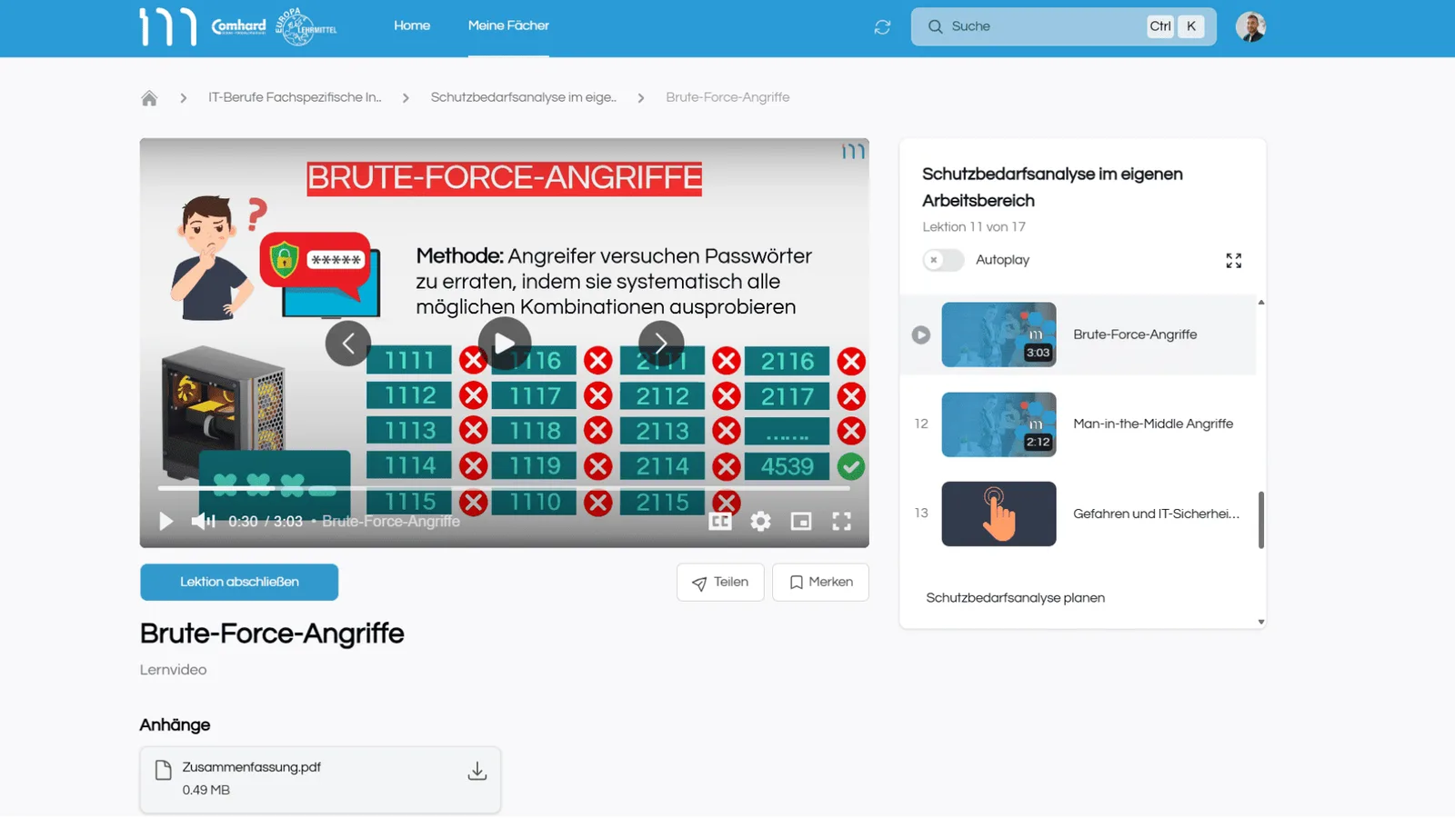 MyDigiAcademy – Prüfungstrainer-Lernapp von Florian Honold 5 Bildschirm zeigt Lernvideo zu Brute-Force-Angriffen mit animierter Grafik, Passwort-Kombinationen und Playlist rechts