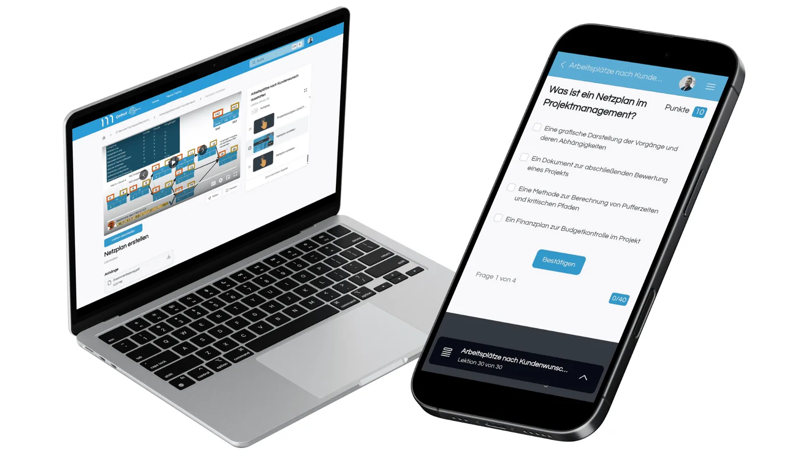 MyDigiAcademy – Prüfungstrainer-Lernapp von Florian Honold 7 Laptop und Smartphone nebeneinander zeigen Projektmanagement-Quiz und Netzplan-Lernplattform mit Fragen zu Arbeitsplätzen