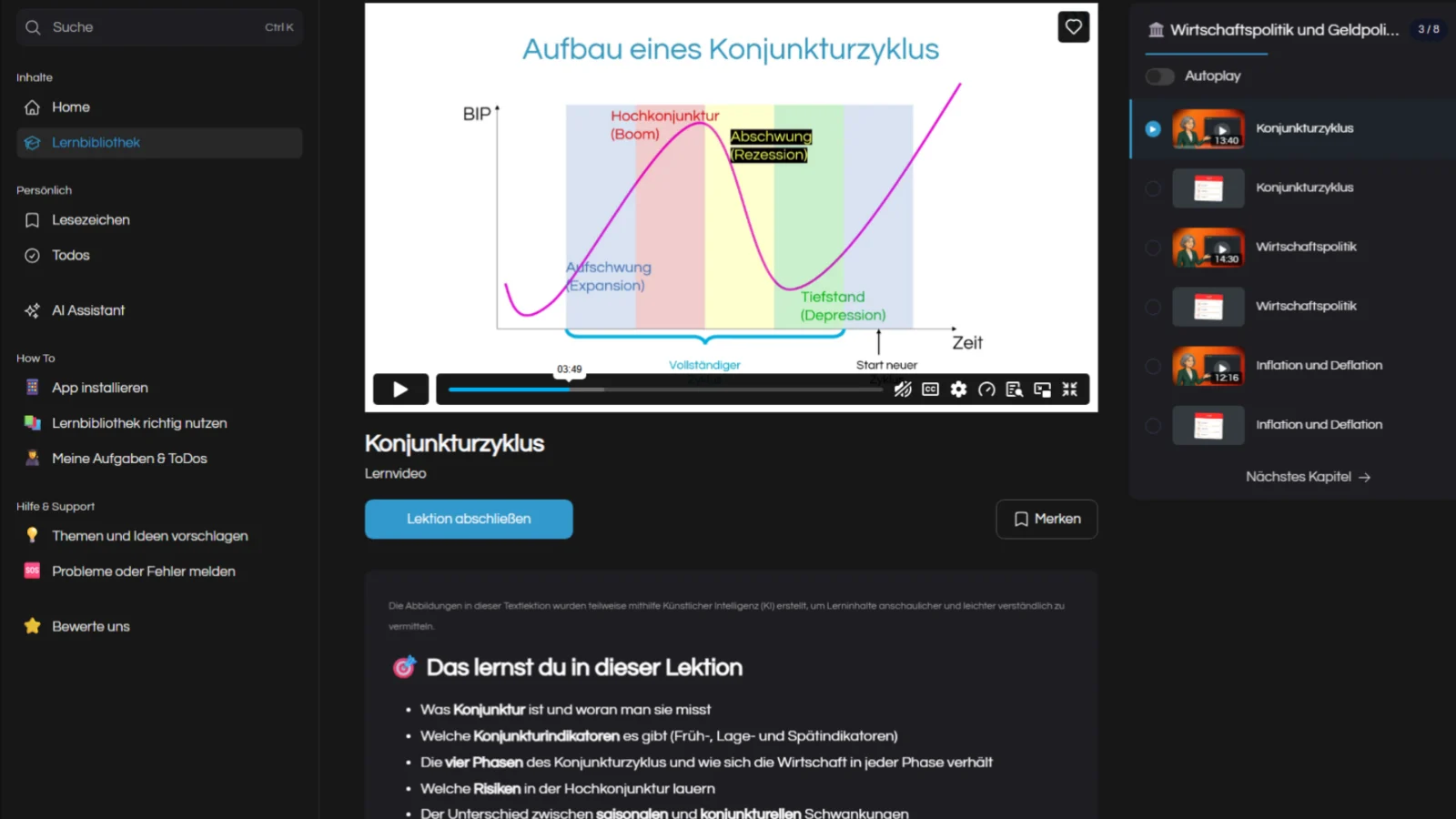 MyDigiAcademy – Videokurs zur IHK-Prüfung von Florian Honold 7 Laptop-Screen zeigt Lernvideo Konjunkturzyklus mit Textlektion, Erklärgrafik und Zusammenfassung
