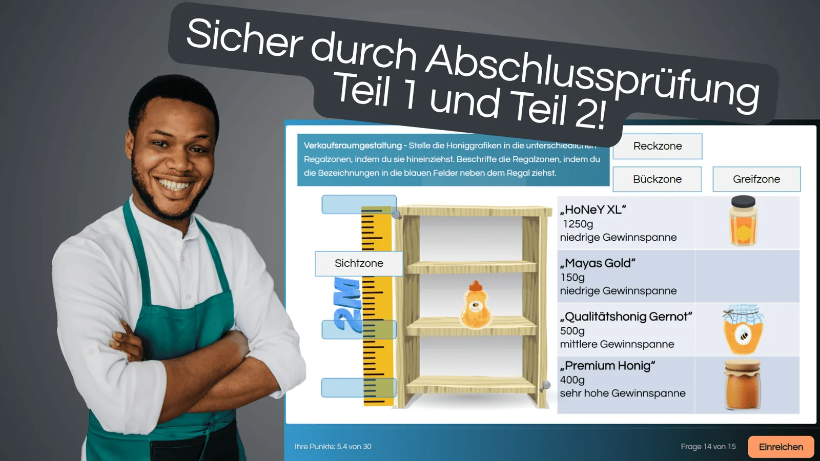 MyDigiAcademy – Videokurs zur IHK-Prüfung von Florian Honold 2 Verkäufer in grüner Schürze neben interaktiver Aufgabe zum Abschlußprüfung Teil 1 und 2