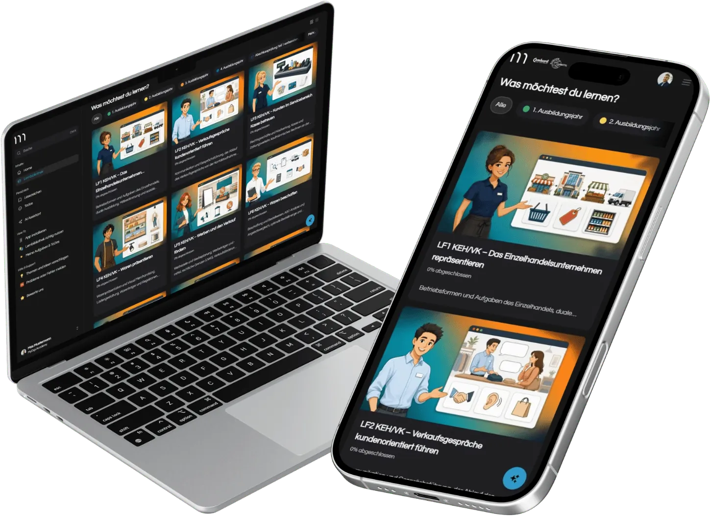 MyDigiAcademy – Videokurs zur IHK-Prüfung von Florian Honold 1 Laptop und Smartphone zeigen MyDigiAcademy Lernplattform mit Lernfeldern und Prüfungssimulationen