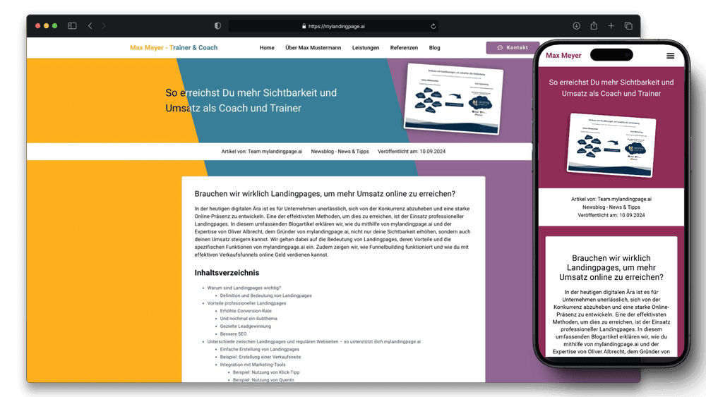 Screenshot einer SEO-optimierten Landingpage mit integrierten Blog-Funktion und Mobile-Ansicht für Coach und Trainer Max Meye