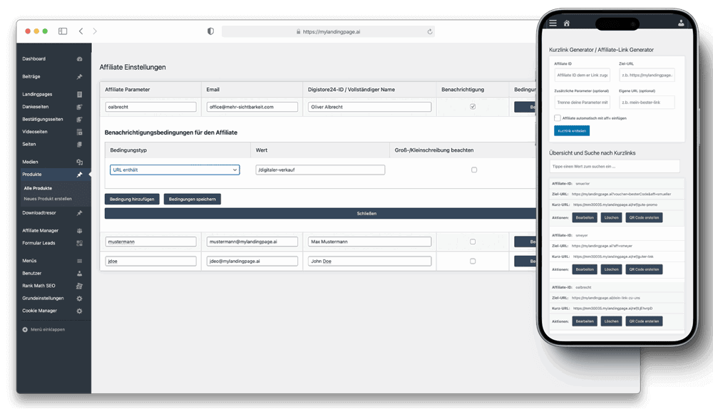 Screenshot des Affiliate-Managers mit Kurzlink-Generator und QR-Code-Funktion in mylandingpage.ai Desktop- und Mobile-Ansicht