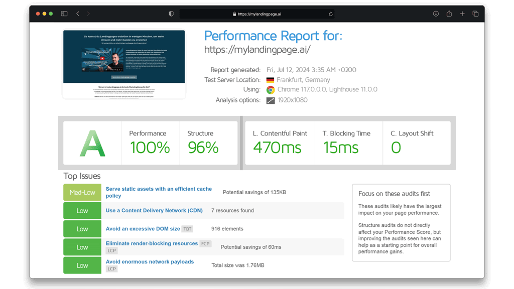 Performance-Report für mylandingpage.ai Website mit Lighthouse-Audit-Ergebnissen und Core Web Vitals Metriken