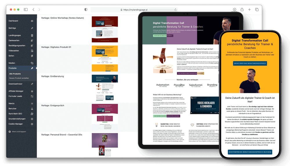 Screenshot der mylandingpage.ai Plattform mit verschiedenen Landingpage-Vorlagen im Editor und Vorschau auf Desktop und Mobil