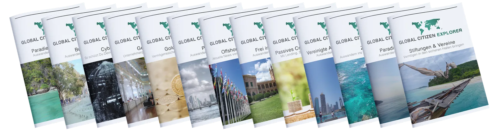 Galerie mit 13 Global Citizen Explorer Ausgaben, Bücher nebeneinander gereiht mit verschiedenen Themen und Ländern