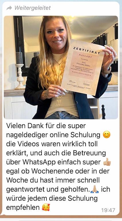 Kundenbewertung Nageldesign Online-Ausbildung Franziska Müller mit Zertifikat