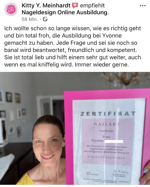 Kundenbewertung Kitty Meinhardt Nageldesign Online-Ausbildung mit Zertifikat