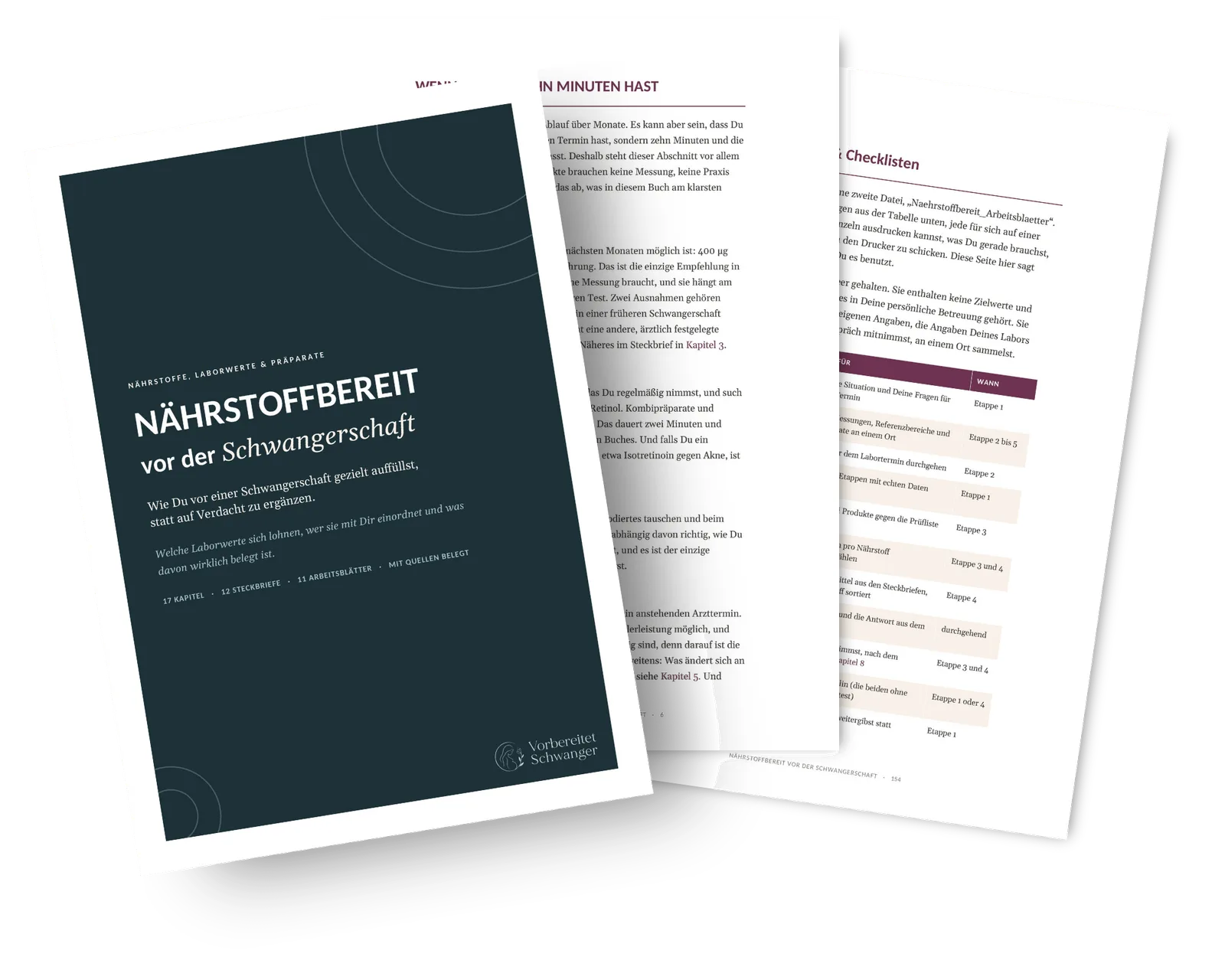 Nährstoffbereit vor der Schwangerschaft E-Book mit aufgeschlagenen Seiten, Kapitelübersicht und Nährstoff-Checkliste sichtbar