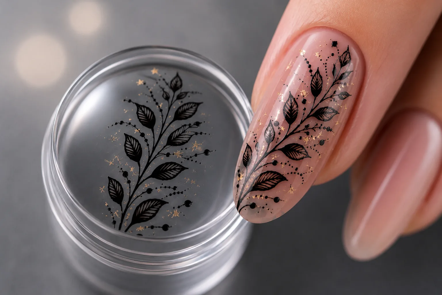 Nail Stamping in Aktion: Metallstempel mit Blatt- und Glittermuster über zartem Rosa-Nagel mit goldenem Akzent