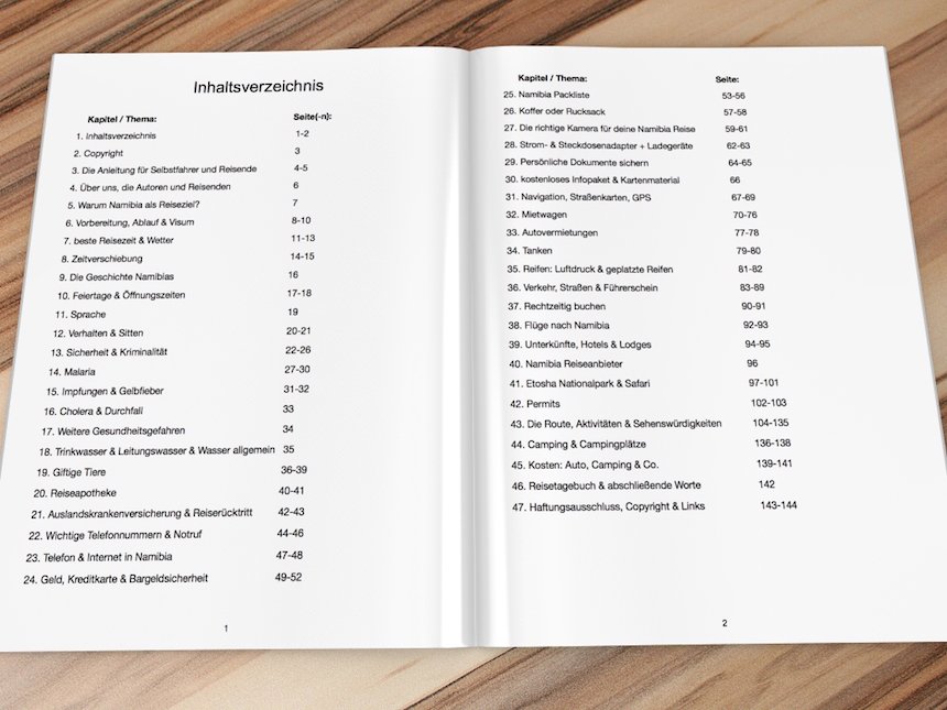 Inhaltsverzeichnis des Namibia eBook Reiseführers mit 47 Kapiteln