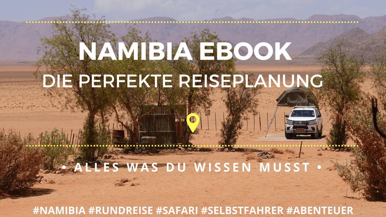 Hero-Banner Namibia eBook mit Campingplatz, Fahrzeug und Ortsmarker