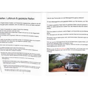 Seite aus Namibia eBook mit Text und Foto von Geländewagen in Buschlandschaft