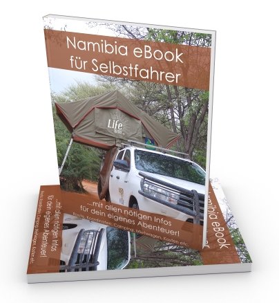 Namibia eBook Cover mit Campingplatz, Fahrzeug und Zelt in 3D-Perspektive