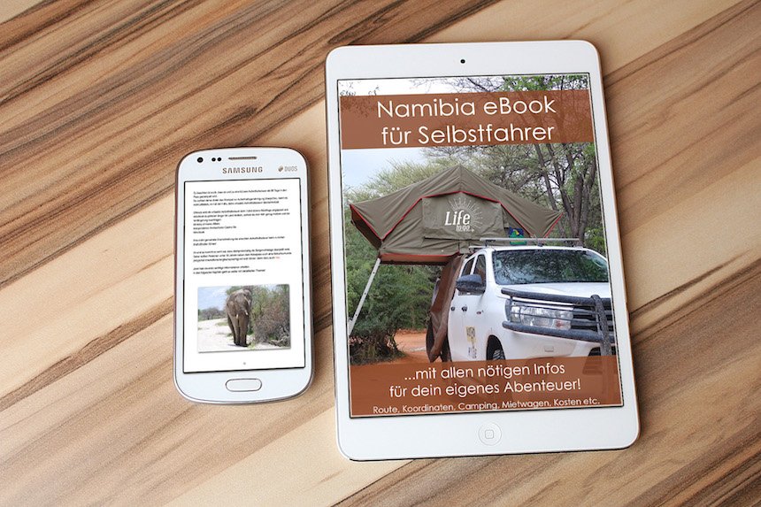 Mockup Namibia eBook auf Tablet und Smartphone mit Campingplatz und Fahrzeug