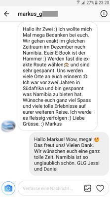 Kundenfeedback von Markus in Instagram-DM zum Namibia Reiseführer eBook