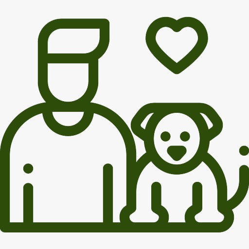 Grünes Icon: Person mit Hund und Herz-Symbol, Beziehung