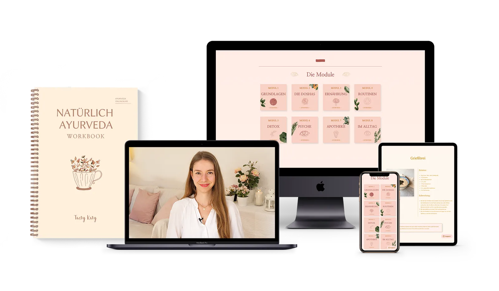 Kursdarstellung auf mehreren Apple-Geräten: MacBook, iMac, iPad und iPhone