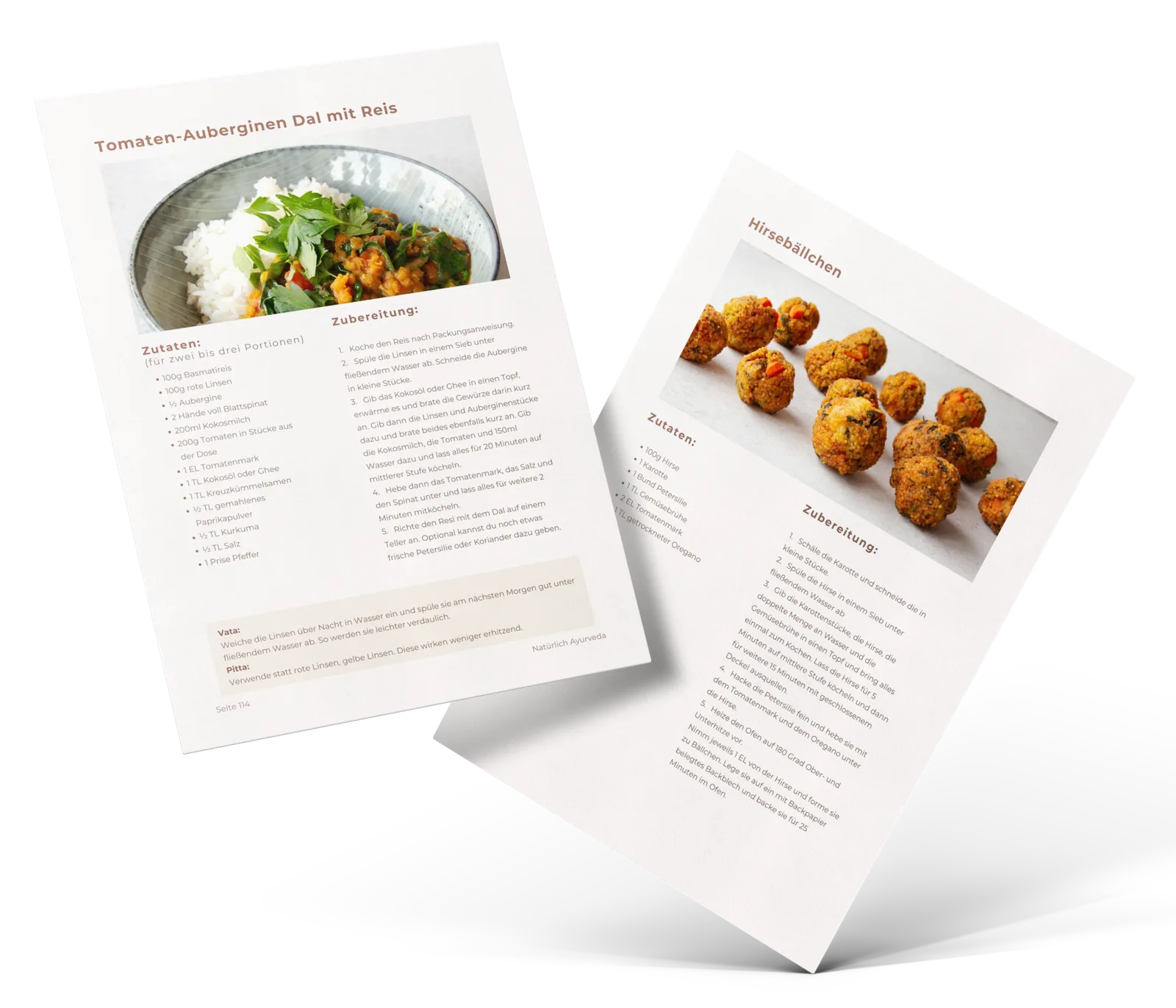 Zwei Rezeptkarten mit Tomaten-Auberginen Dal und Hirsebällchen Rezepten