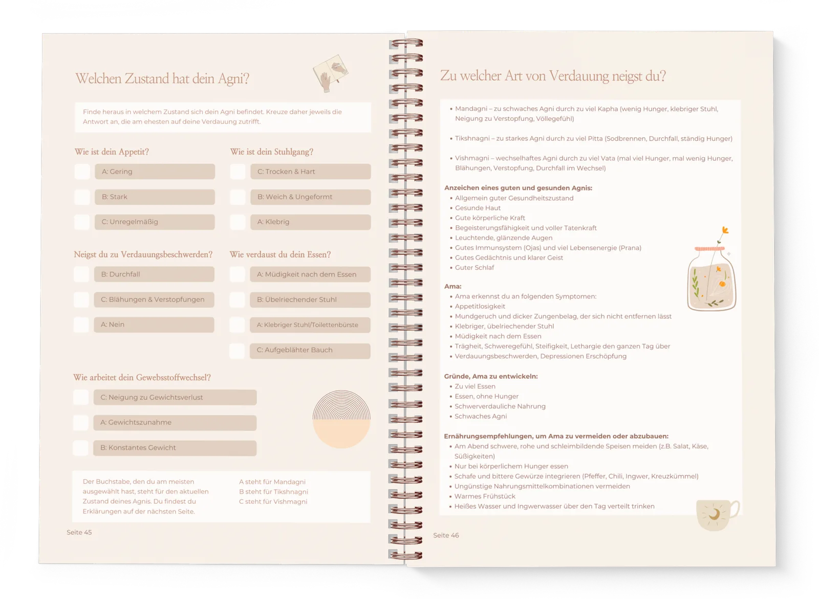 Aufgeschlagenes Workbook mit Fragen zu Agni und Verdauung