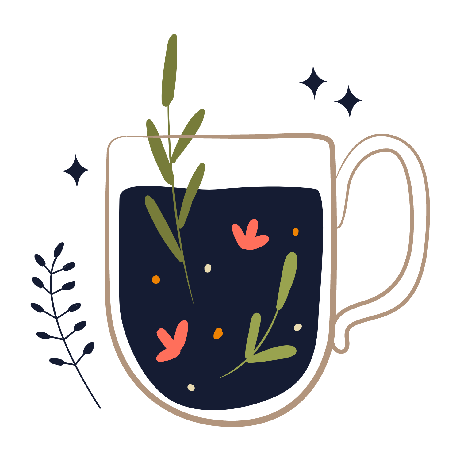 Illustration einer dunkelblauen Tasse mit Kräutern, Blüten und Sternen