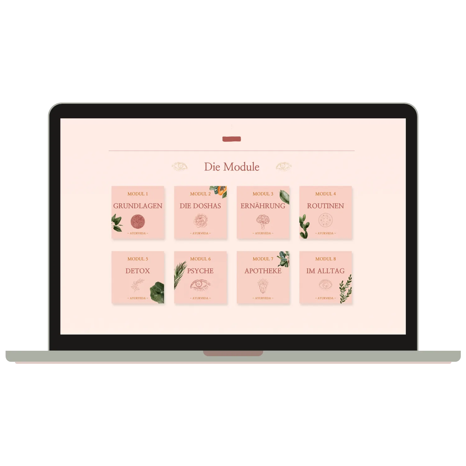 Laptop-Mockup zeigt acht Module des Ayurveda-Kurses mit Pflanzenmotiven auf Pink