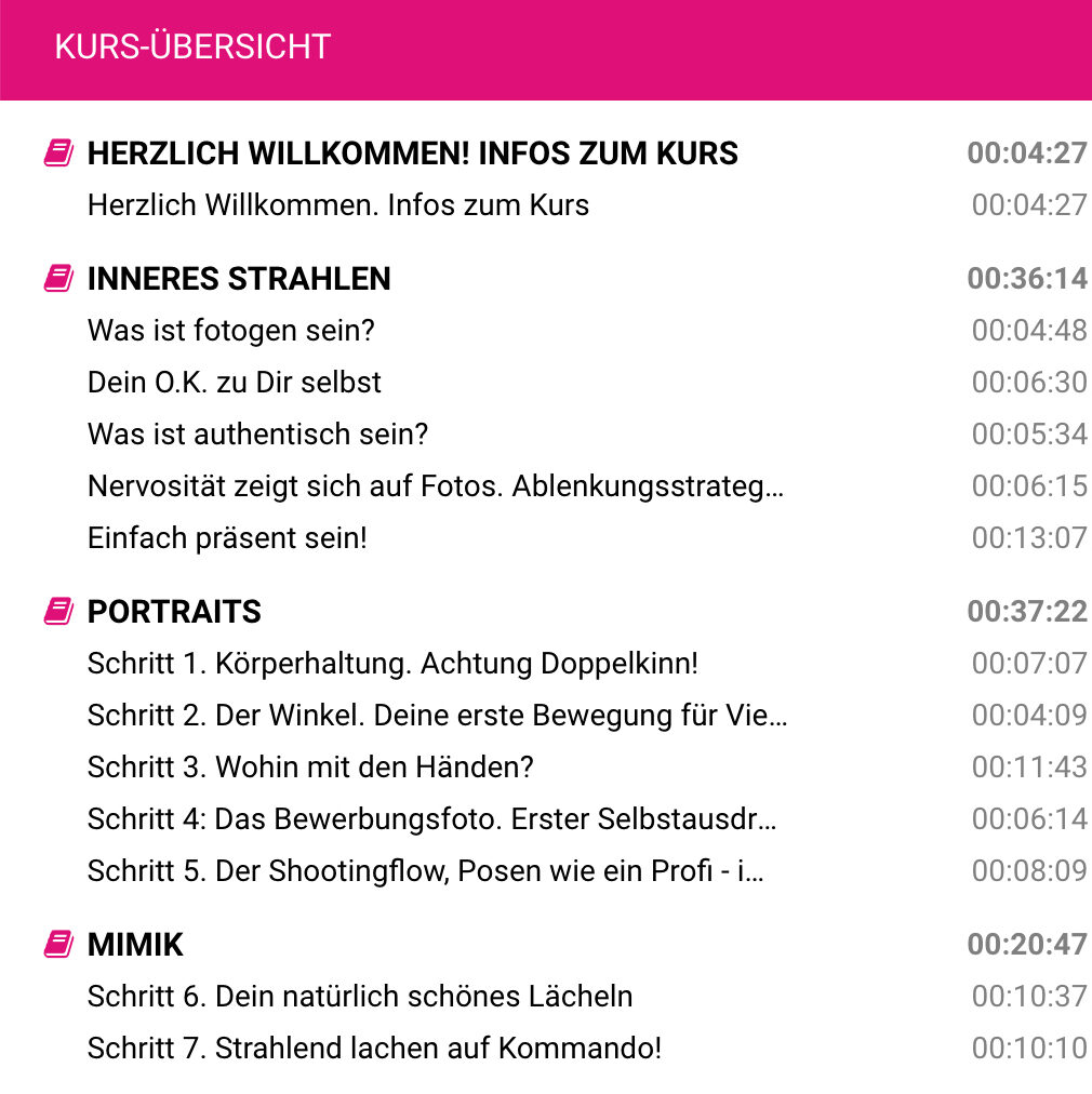 Natürlich fotogen! – Videokurs für Posing vor der Kamera 7 Kursübersicht Module Natürlich Fotogen