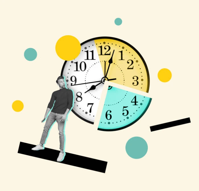 Illustration: Person vor großer Uhr mit Zeiger und farbigen Elementen, Zeitmanagement-Symbol