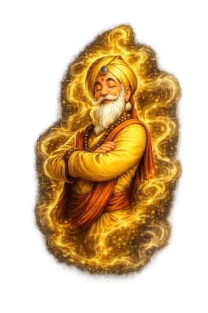 Guru-Charakter mit golden leuchtender Aura und verschränkten Armen, Nebenkosten-Guru