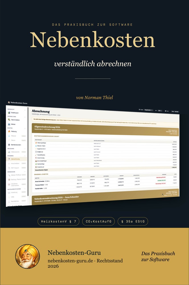 Nebenkosten-Guru – Vermieter-Abrechnungssoftware 3 Buchcover Nebenkosten verständlich abrechnen von Norman Thiel, Software-Praxisbuch mit Screenshots und Guru-Logo