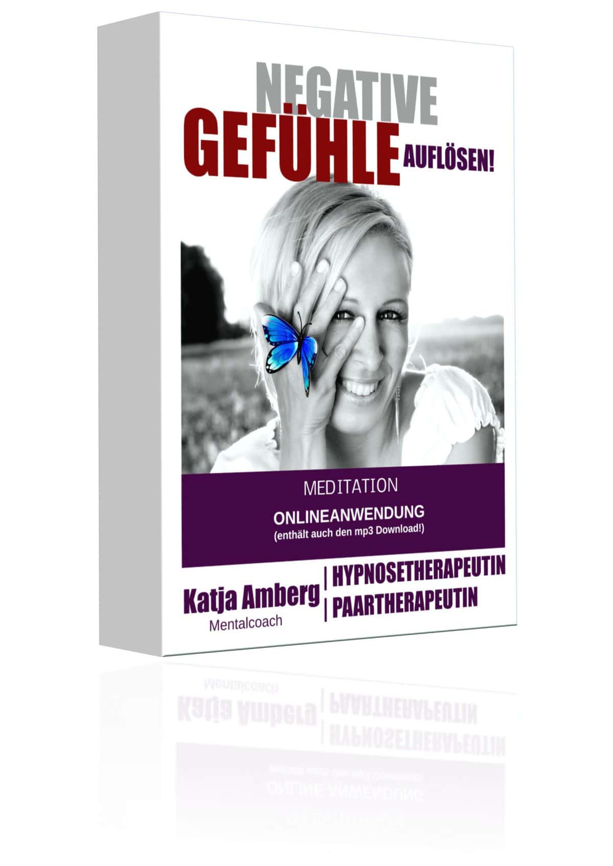 3D Produktbox Negative Gefühle auflösen Meditation Onlinekurs mit Frau und Schmetterling