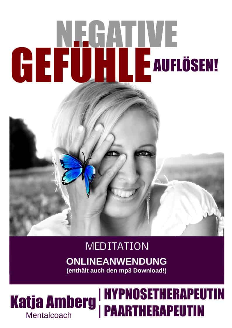 Cover Negative Gefühle auflösen Meditation mit Frau und blauem Schmetterling Flachdesign