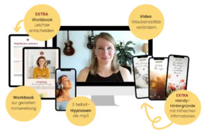 Produktbundle-Mockup mit Frau vor Bildschirm, Workbooks, Hypnosen-MP3 und Handy-Hintergründe zum Kurs Nein sagen ohne Schuldg