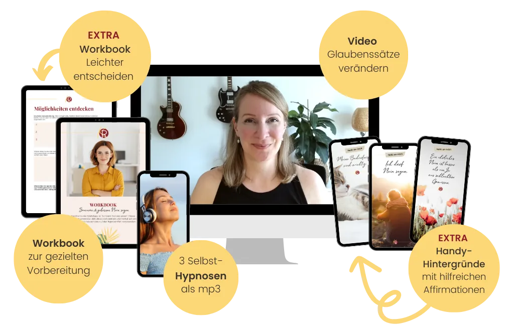 Produktbundle-Mockup mit Frau vor Bildschirm, Workbooks, Hypnosen-MP3 und Handy-Hintergründe zum Kurs Nein sagen ohne Schuldg