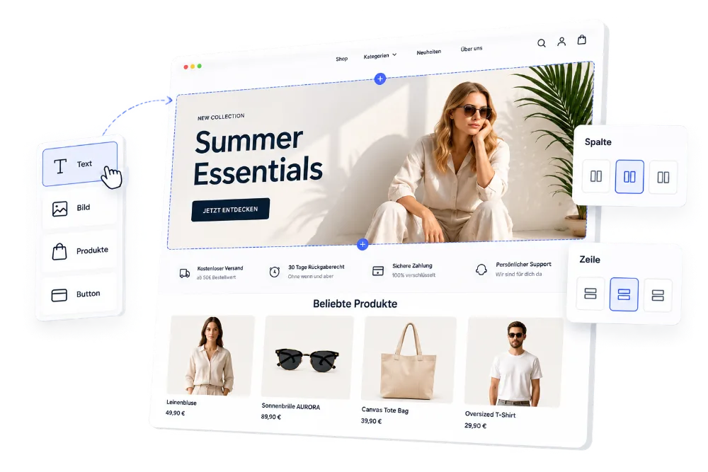 Website-Designer-Interface mit Summer Essentials Kollektion, Frau in weißer Kleidung, Bearbeitungswerkzeuge sichtbar