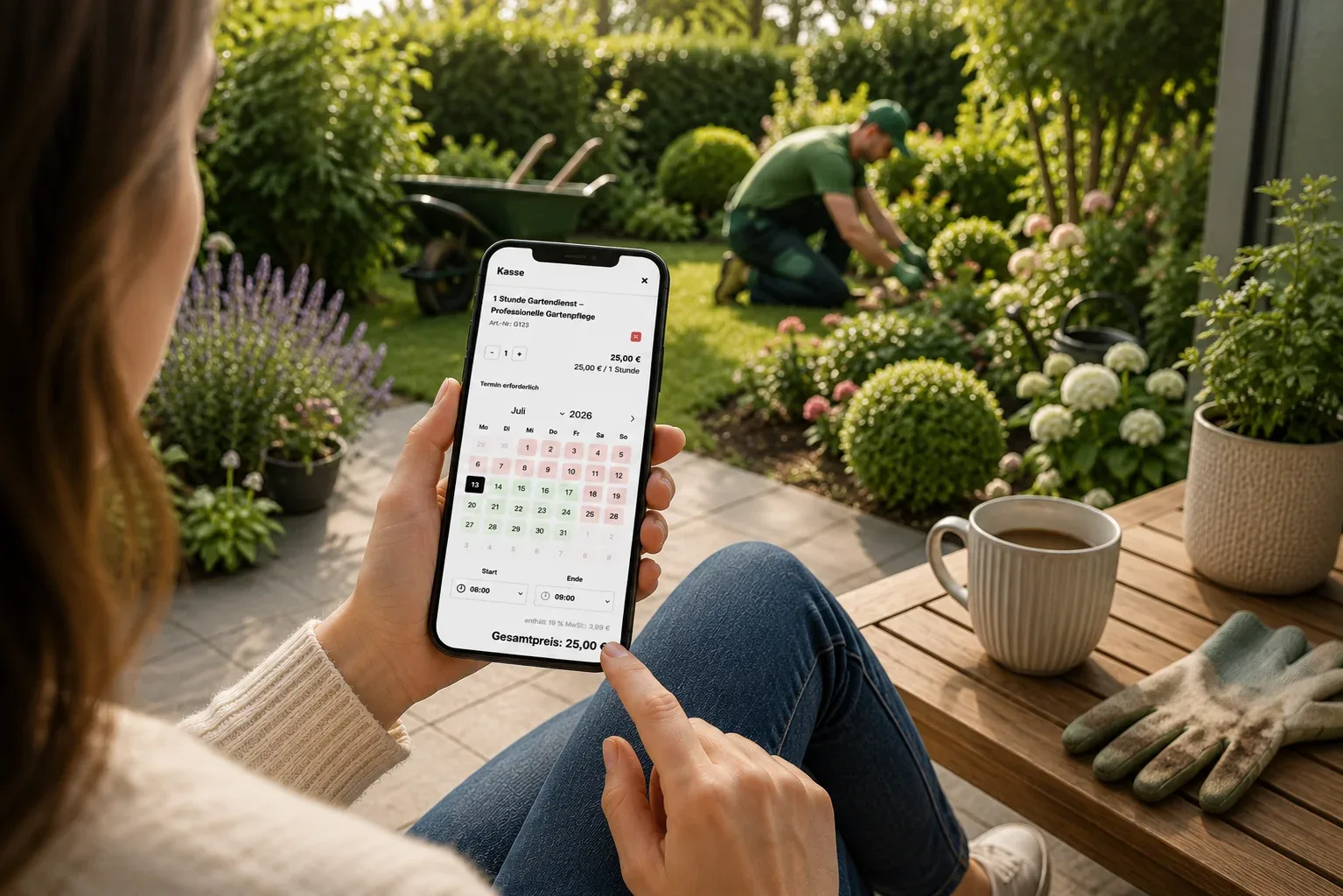 Frau mit Smartphone zeigt Buchungsoberfläche für Gartendienst, im Hintergrund Gärtner bei Gartenarbeit