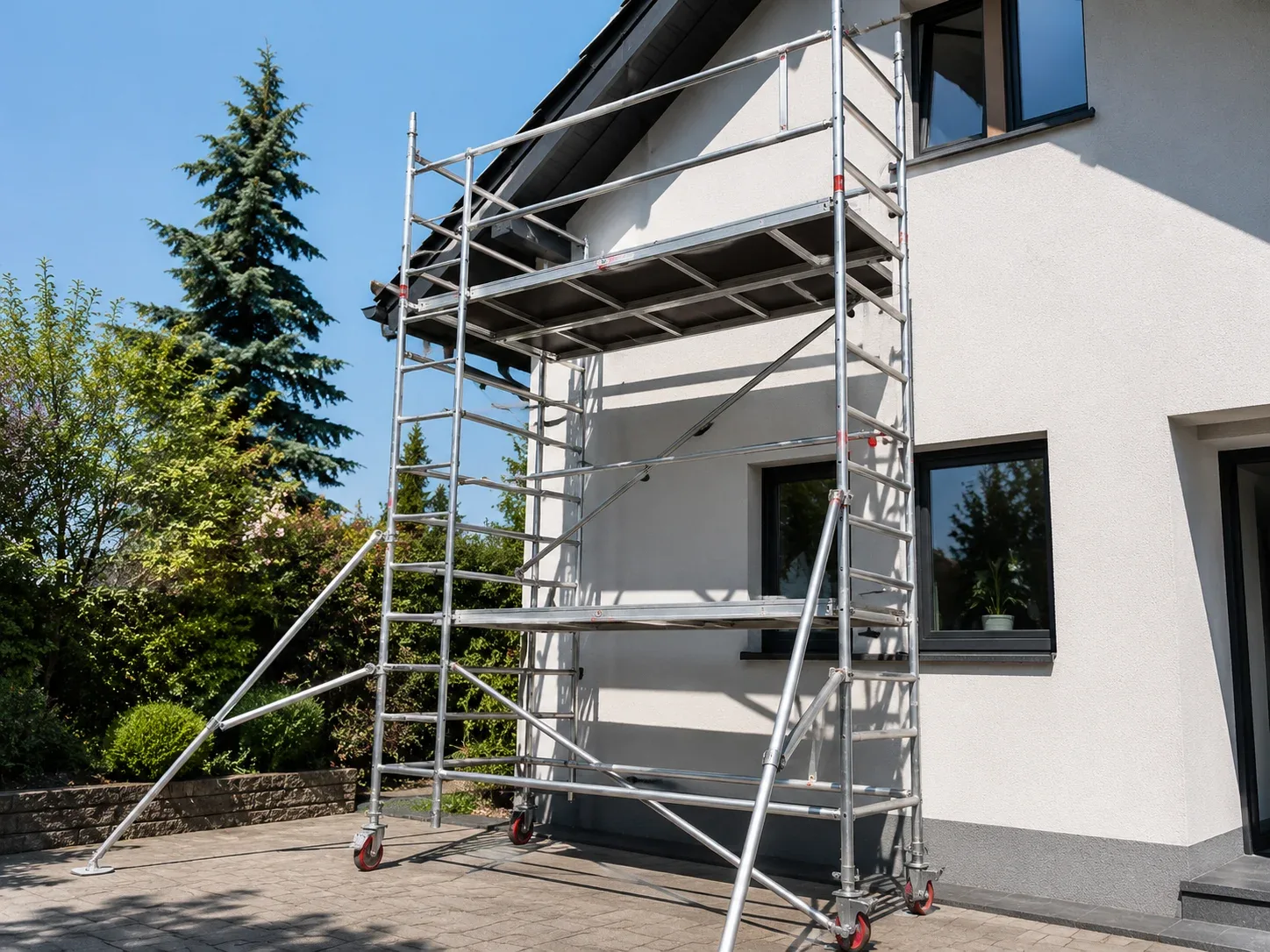 Metallgerüst an Hausfassade mit Fenster und grünem Bewuchs im Hintergrund
