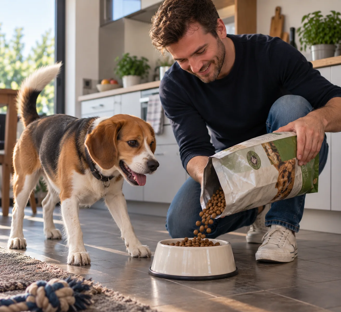 Mann gießt Hundefutter aus Paketbeutel in Schüssel, Beagle schaut zu