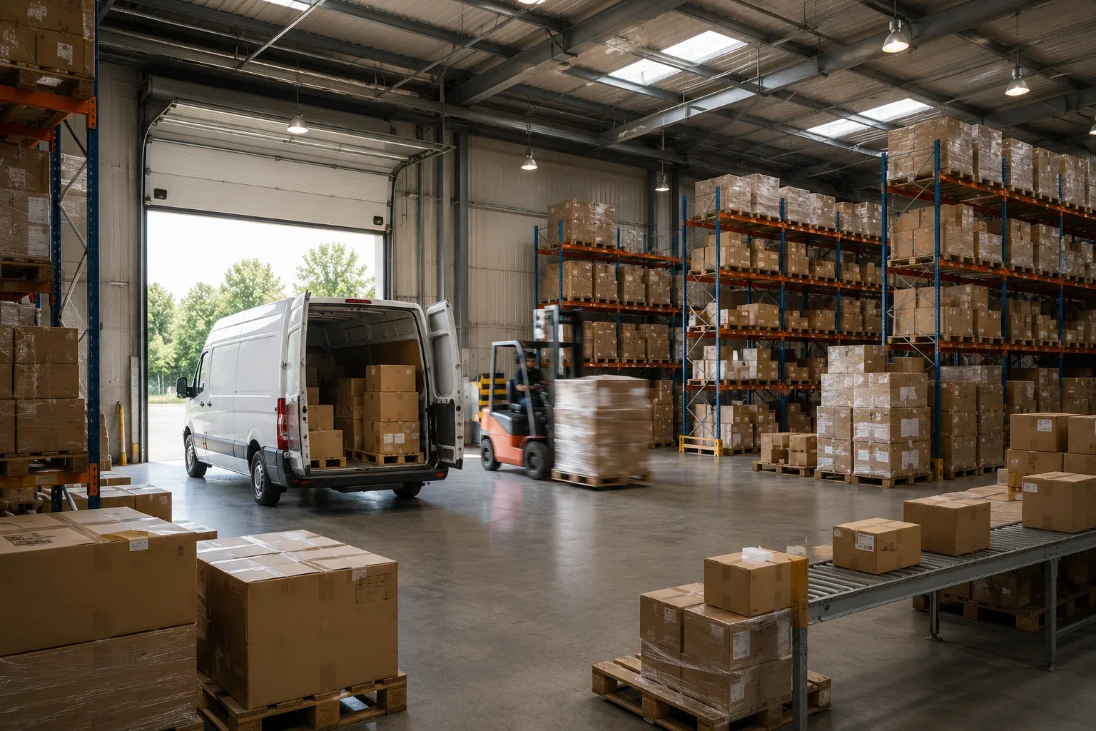 Lagerhalle mit Versandfahrzeug, Gabelstapler und stapelbaren Kartons auf Palletten