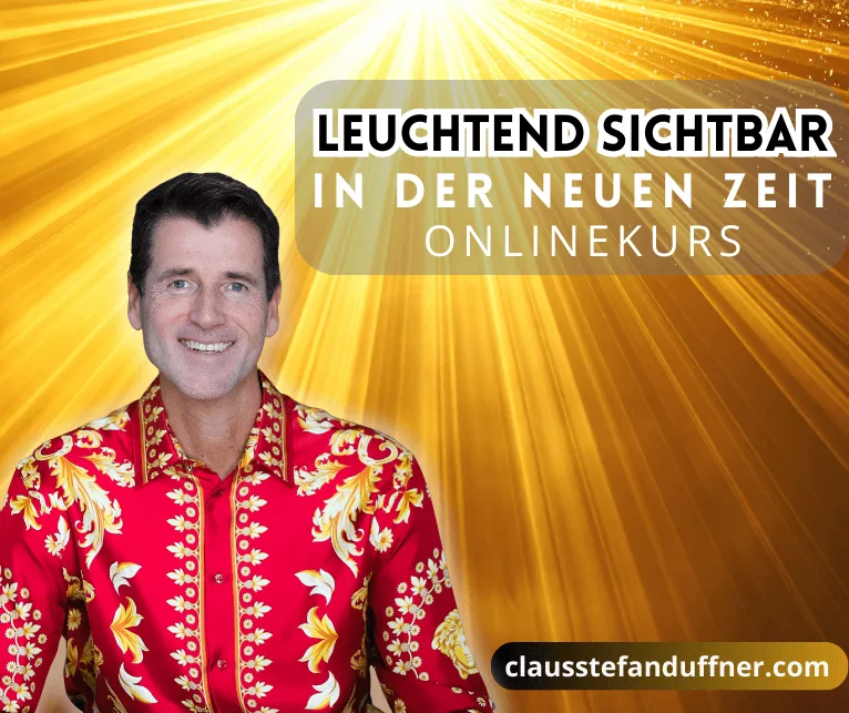 Mann in rotem Paisley-Hemd vor goldenem Lichtstrahlen-Hintergrund mit Text Leuchtend Sichtbar