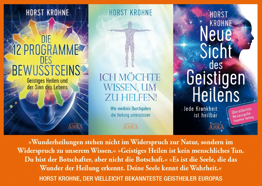 Galerie mit drei Buchcovern von Horst Krohne: 12 Programme des Bewusstseins, Ich möchte wissen um zu helfen, Neue Sicht des G
